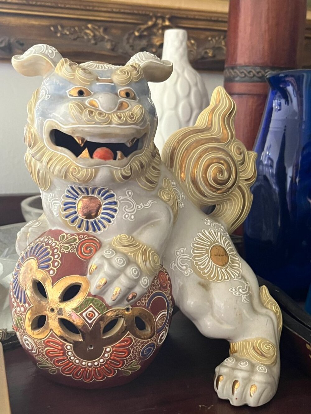 Foo Dog vintage pottery  Gilded Kutani With BALL Chinese Guardian